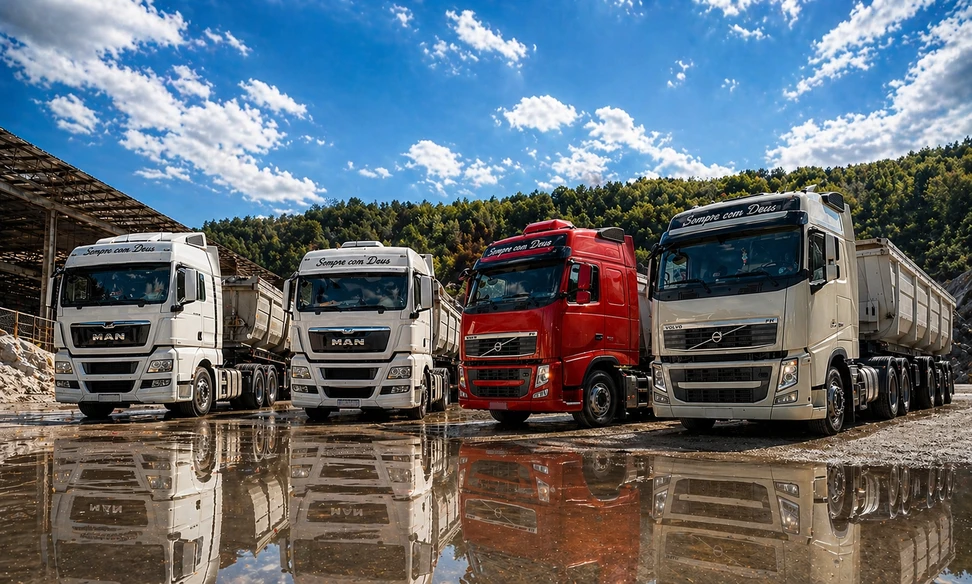 Frota própria da SCD, com caminhões MAN e Volvo reunidos no pátio